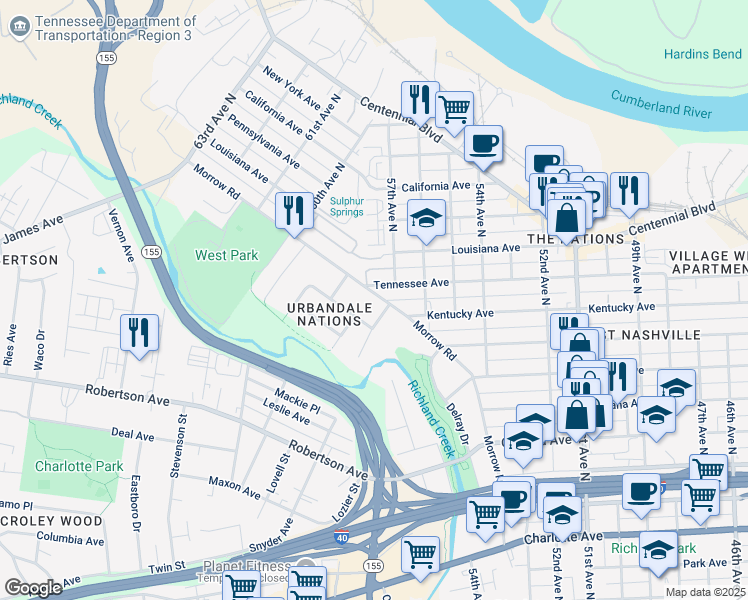 map of restaurants, bars, coffee shops, grocery stores, and more near 5709 Morrow Road in Nashville