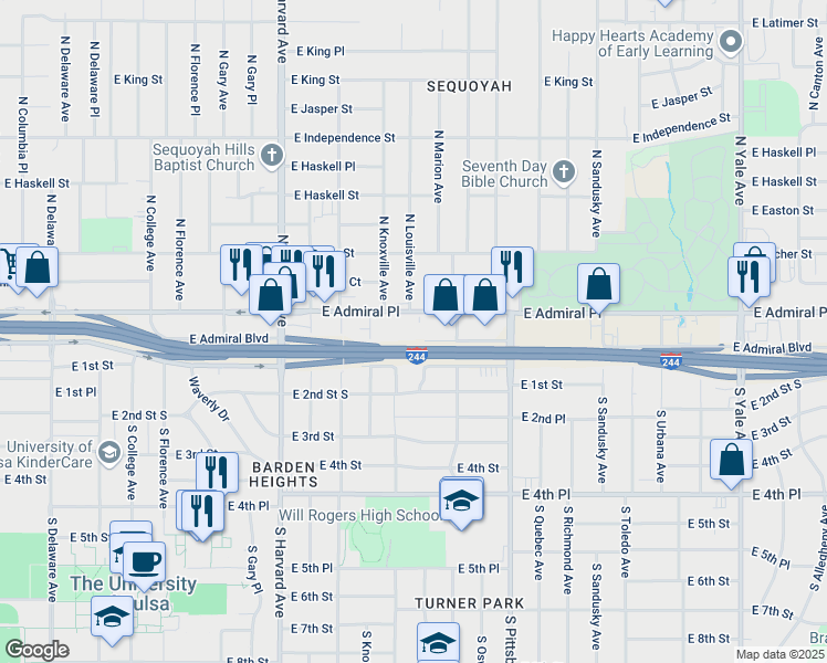 map of restaurants, bars, coffee shops, grocery stores, and more near 3720 East Admiral Place in Tulsa