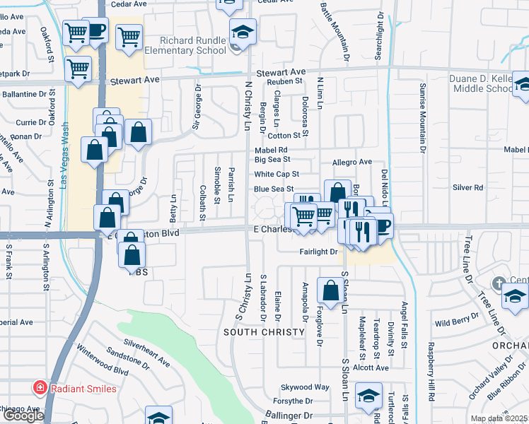 map of restaurants, bars, coffee shops, grocery stores, and more near 5521 Orchard Lane in Las Vegas