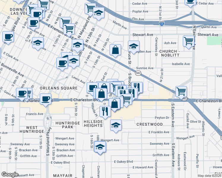 map of restaurants, bars, coffee shops, grocery stores, and more near 255 South 17th Street in Las Vegas