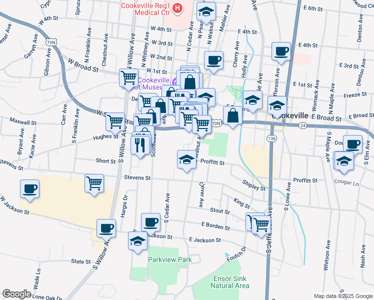 map of restaurants, bars, coffee shops, grocery stores, and more near 155 South Walnut Avenue in Cookeville