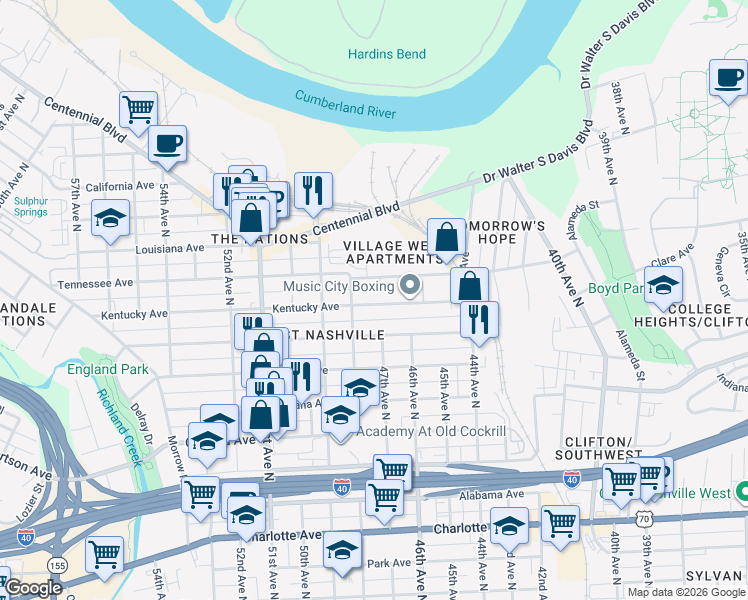 map of restaurants, bars, coffee shops, grocery stores, and more near 4702 Kentucky Avenue in Nashville