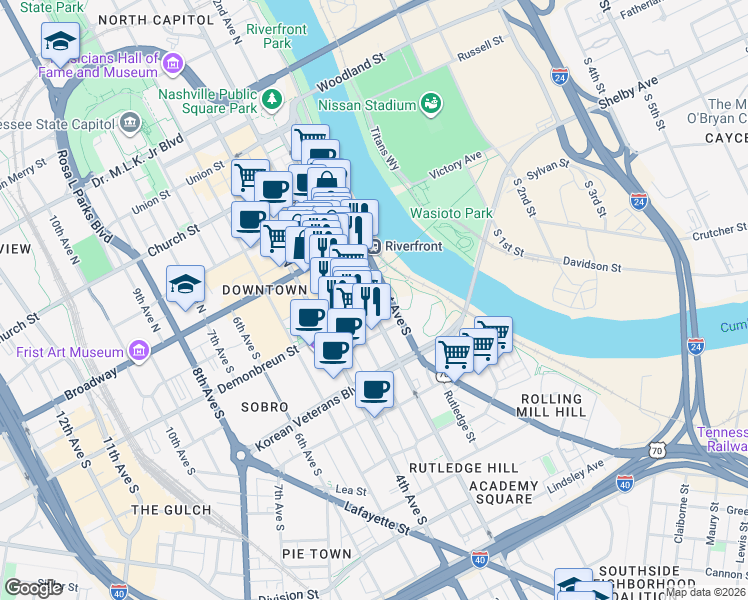map of restaurants, bars, coffee shops, grocery stores, and more near 151 1st Avenue South in Nashville