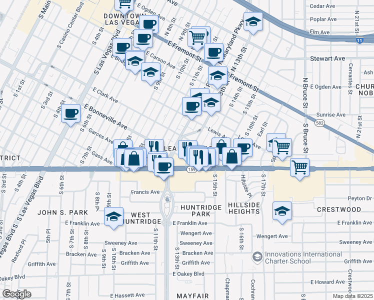 map of restaurants, bars, coffee shops, grocery stores, and more near 520 South 13th Street in Las Vegas