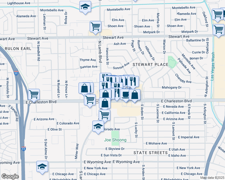 map of restaurants, bars, coffee shops, grocery stores, and more near 38 North Lamb Boulevard in Las Vegas