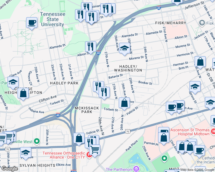 map of restaurants, bars, coffee shops, grocery stores, and more near 722 Lena Street in Nashville