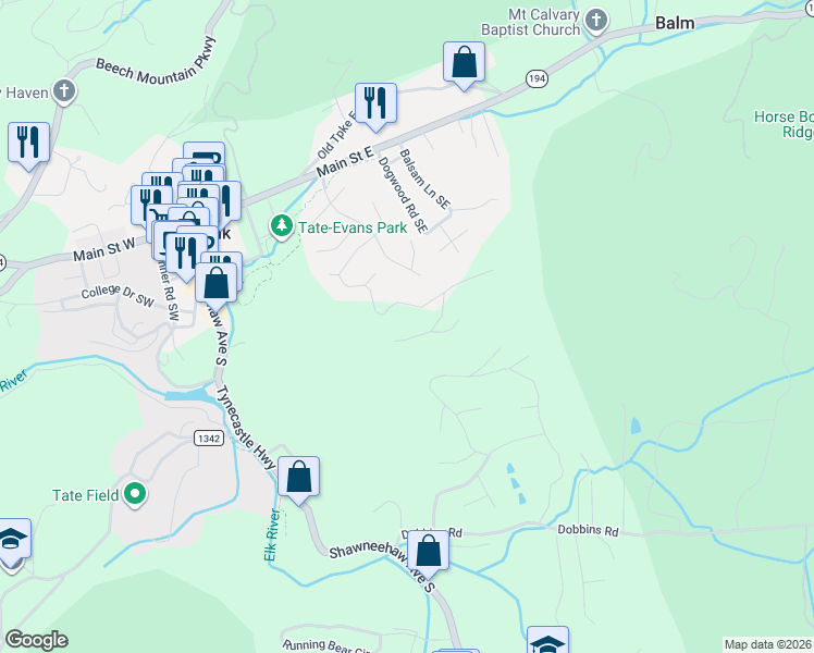 map of restaurants, bars, coffee shops, grocery stores, and more near 315-323 Puddingstone Parkway in Banner Elk
