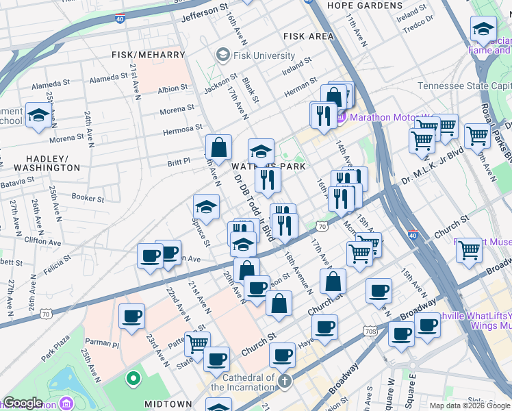 map of restaurants, bars, coffee shops, grocery stores, and more near 1801a Jo Johnston Avenue in Nashville