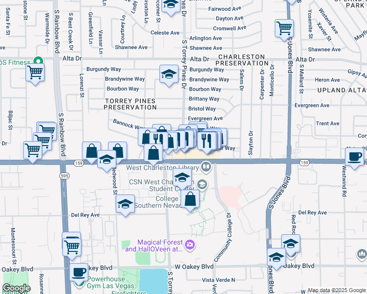 map of restaurants, bars, coffee shops, grocery stores, and more near 6354 Casada Way in Las Vegas
