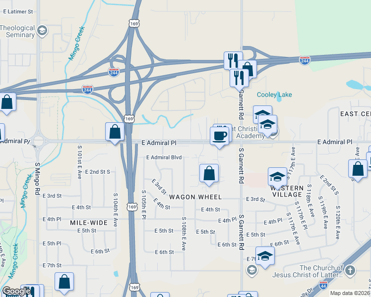 map of restaurants, bars, coffee shops, grocery stores, and more near 10646 East Admiral Place in Tulsa