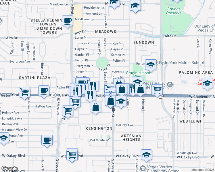 map of restaurants, bars, coffee shops, grocery stores, and more near 4401 Baxter Place in Las Vegas