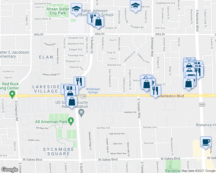 map of restaurants, bars, coffee shops, grocery stores, and more near 1013 Alan Shepard Street in Las Vegas