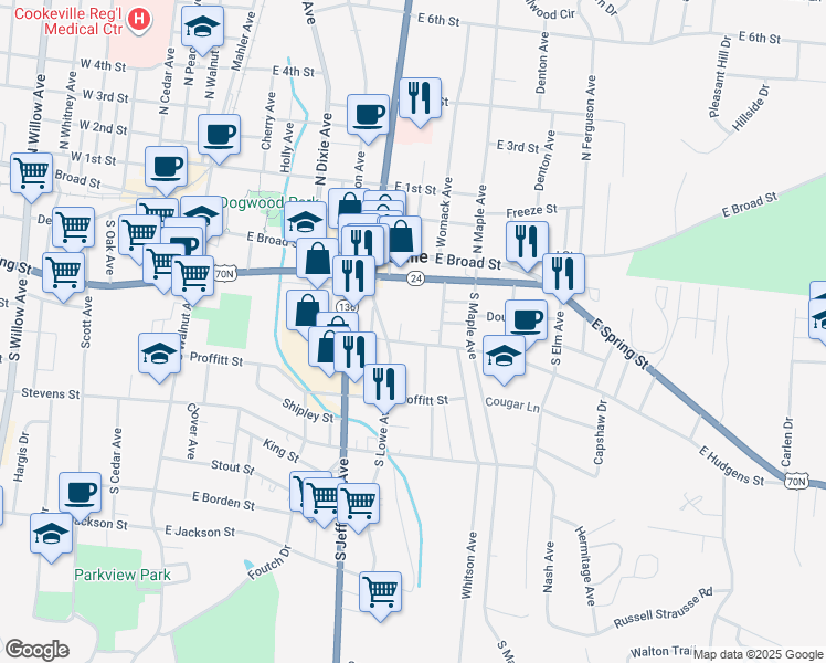 map of restaurants, bars, coffee shops, grocery stores, and more near 132 South Lowe Avenue in Cookeville