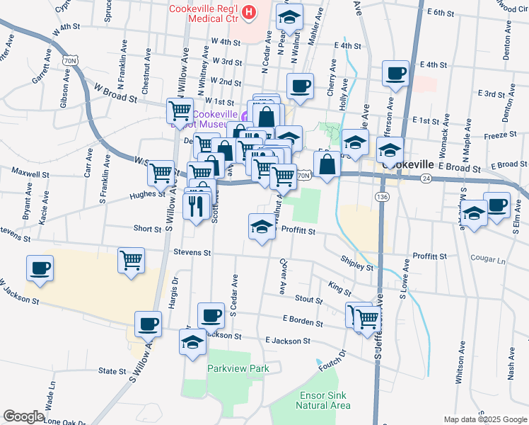 map of restaurants, bars, coffee shops, grocery stores, and more near 155 South Walnut Avenue in Cookeville