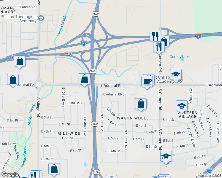 map of restaurants, bars, coffee shops, grocery stores, and more near 10540 East Admiral Place in Tulsa
