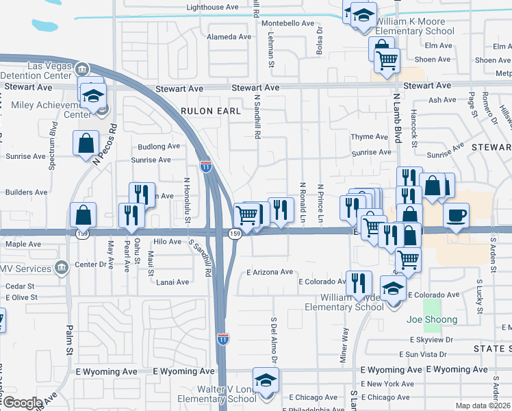 map of restaurants, bars, coffee shops, grocery stores, and more near 34 Del Amo Drive in Las Vegas