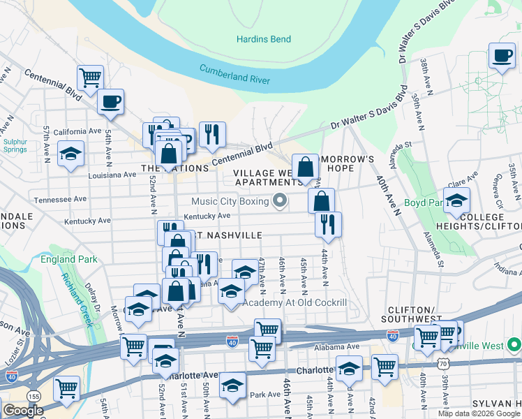 map of restaurants, bars, coffee shops, grocery stores, and more near 4702 Kentucky Avenue in Nashville