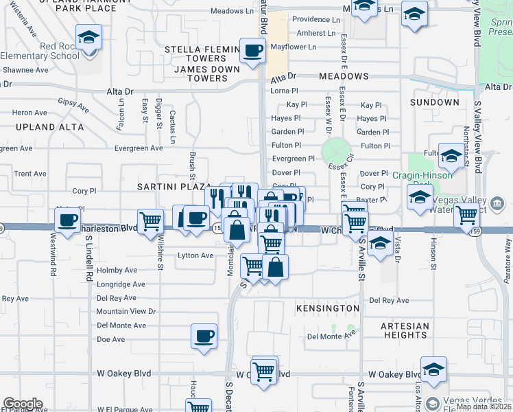 map of restaurants, bars, coffee shops, grocery stores, and more near 920 Appian Way in Las Vegas
