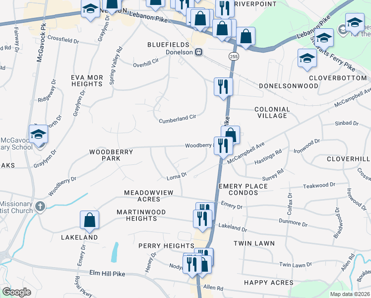 map of restaurants, bars, coffee shops, grocery stores, and more near 2644 Woodberry Drive in Nashville