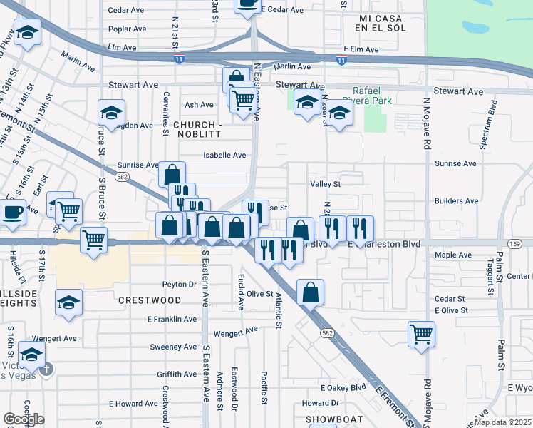 map of restaurants, bars, coffee shops, grocery stores, and more near 2520 Sunrise Street in Las Vegas