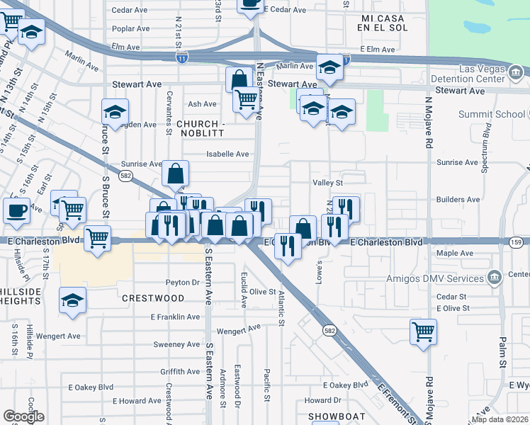 map of restaurants, bars, coffee shops, grocery stores, and more near 2510 Sunrise Street in Las Vegas