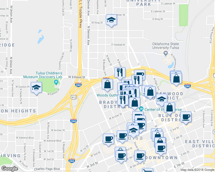 map of restaurants, bars, coffee shops, grocery stores, and more near 424 North Boulder Avenue in Tulsa
