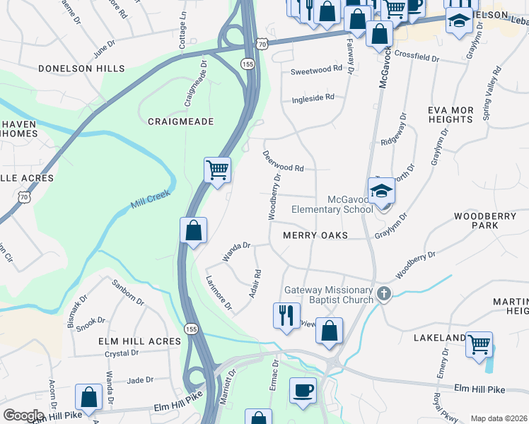 map of restaurants, bars, coffee shops, grocery stores, and more near 314 Woodberry Drive in Nashville