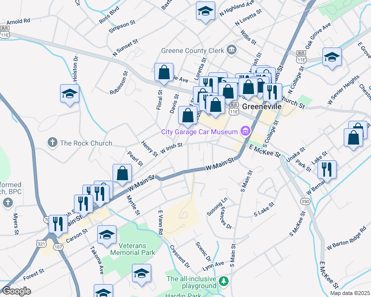 map of restaurants, bars, coffee shops, grocery stores, and more near 501 W Irish St in Greeneville