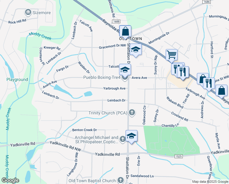 map of restaurants, bars, coffee shops, grocery stores, and more near 3916 Yarbrough Avenue in Winston-Salem
