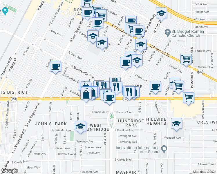 map of restaurants, bars, coffee shops, grocery stores, and more near 601 South 11th Street in Las Vegas