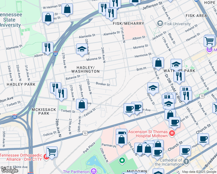 map of restaurants, bars, coffee shops, grocery stores, and more near 2313 Booker Street in Nashville