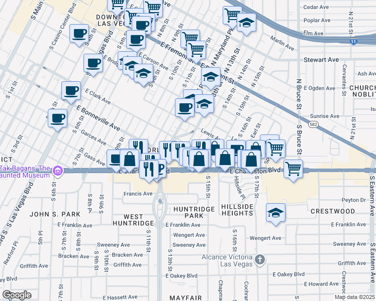 map of restaurants, bars, coffee shops, grocery stores, and more near 505 South 13th Street in Las Vegas