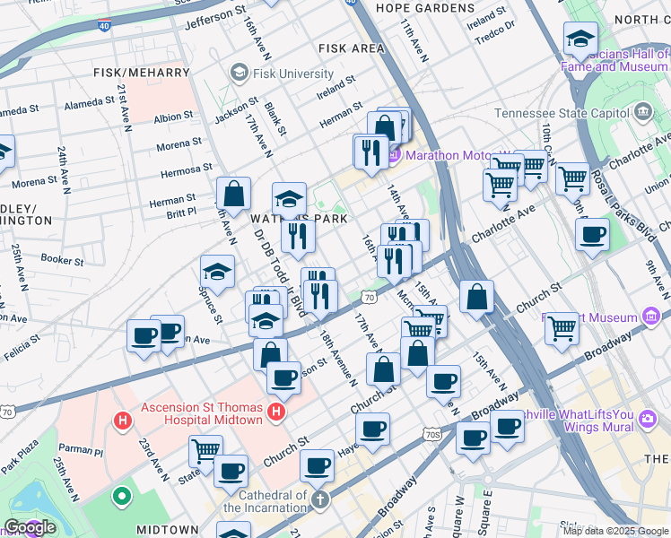 map of restaurants, bars, coffee shops, grocery stores, and more near 1676 Pearl Street in Nashville
