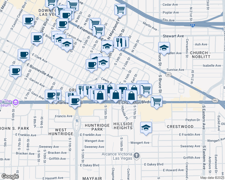 map of restaurants, bars, coffee shops, grocery stores, and more near 1499 Cholla Way in Las Vegas