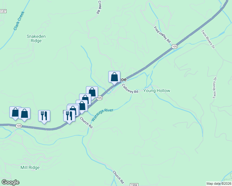 map of restaurants, bars, coffee shops, grocery stores, and more near 8599 North Carolina 105 in Boone