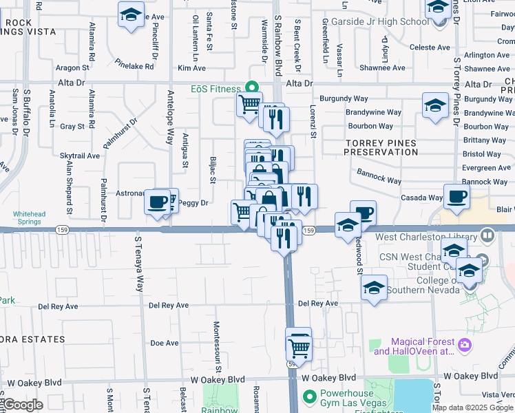 map of restaurants, bars, coffee shops, grocery stores, and more near 861 South Rainbow Boulevard in Las Vegas