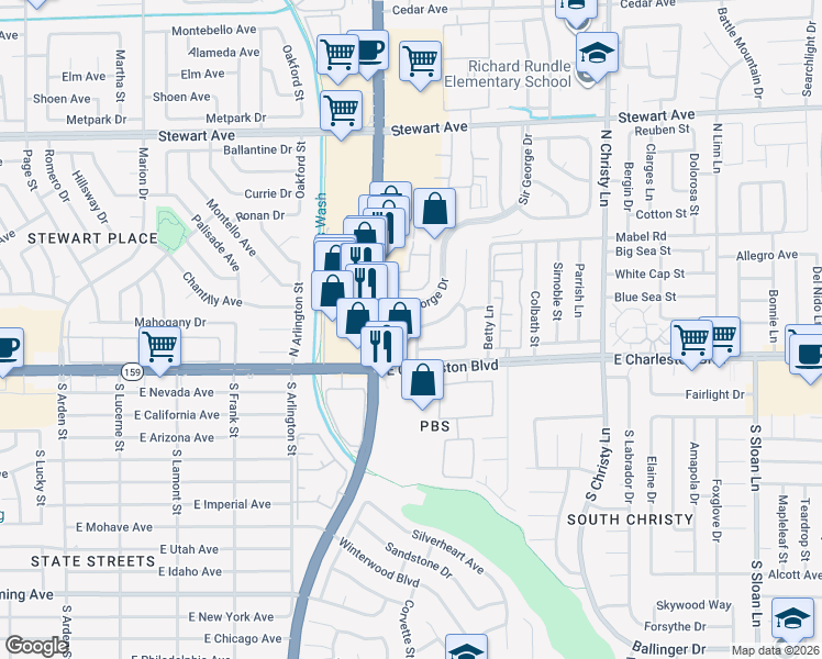 map of restaurants, bars, coffee shops, grocery stores, and more near 111 Sir Arthur Drive in Las Vegas