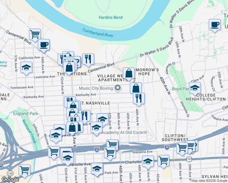 map of restaurants, bars, coffee shops, grocery stores, and more near 4517 Tennessee Avenue in Nashville