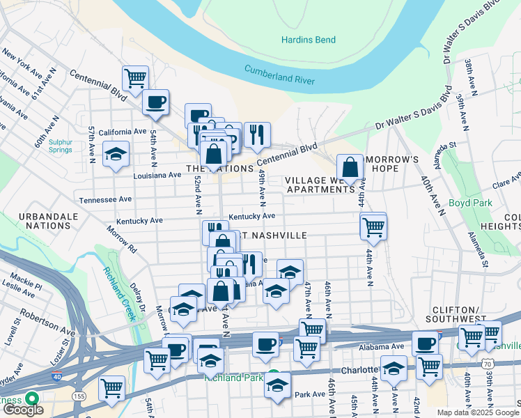 map of restaurants, bars, coffee shops, grocery stores, and more near 4900 Kentucky Avenue in Nashville