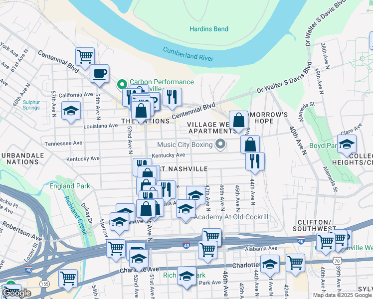map of restaurants, bars, coffee shops, grocery stores, and more near 4802 Kentucky Avenue in Nashville
