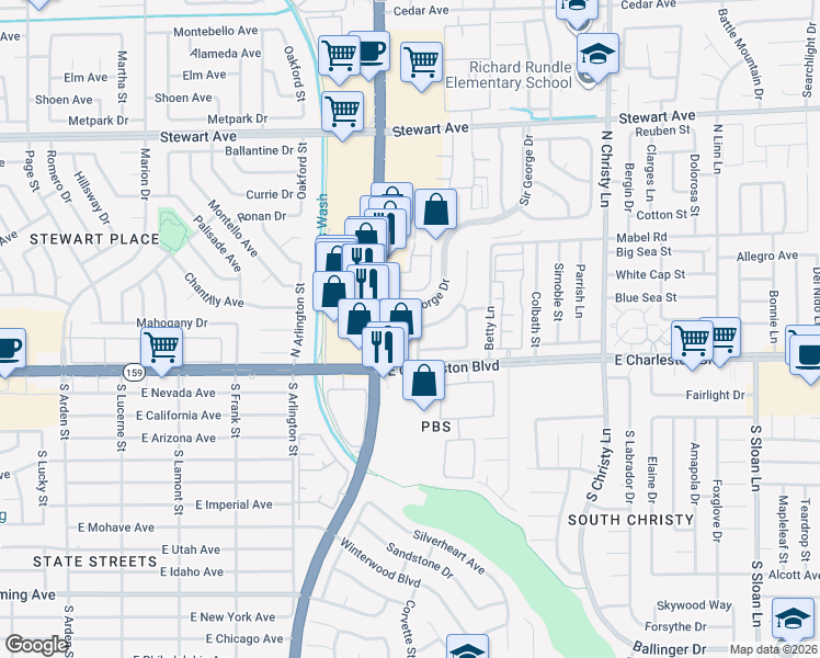 map of restaurants, bars, coffee shops, grocery stores, and more near 111 Sir Arthur Drive in Las Vegas