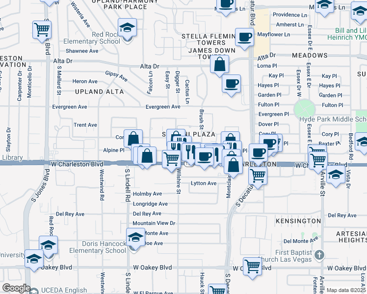 map of restaurants, bars, coffee shops, grocery stores, and more near 38 Alpine Place in Las Vegas