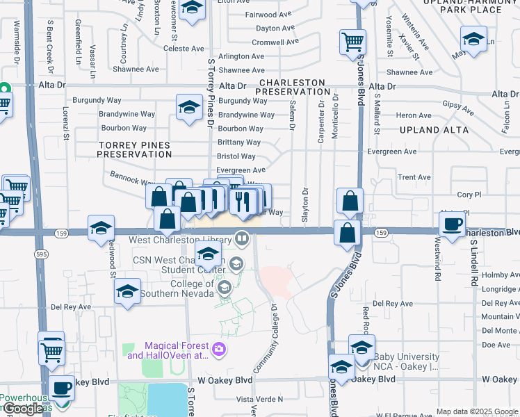 map of restaurants, bars, coffee shops, grocery stores, and more near 6233 Casada Way in Las Vegas