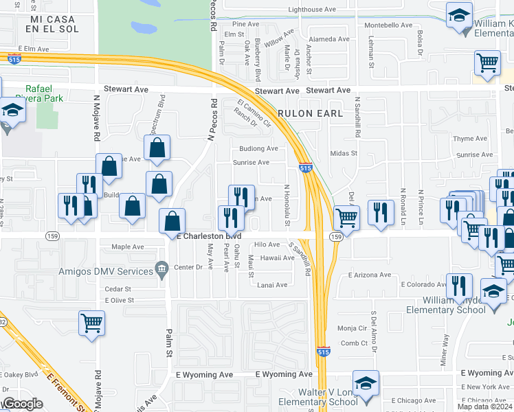 map of restaurants, bars, coffee shops, grocery stores, and more near 3800 Johnson Avenue in Las Vegas