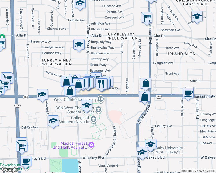 map of restaurants, bars, coffee shops, grocery stores, and more near 6233 Casada Way in Las Vegas
