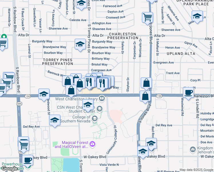 map of restaurants, bars, coffee shops, grocery stores, and more near 6233 Casada Way in Las Vegas