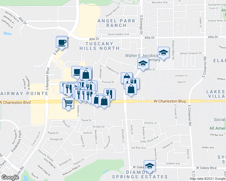 map of restaurants, bars, coffee shops, grocery stores, and more near 8600 West Charleston Boulevard in Las Vegas