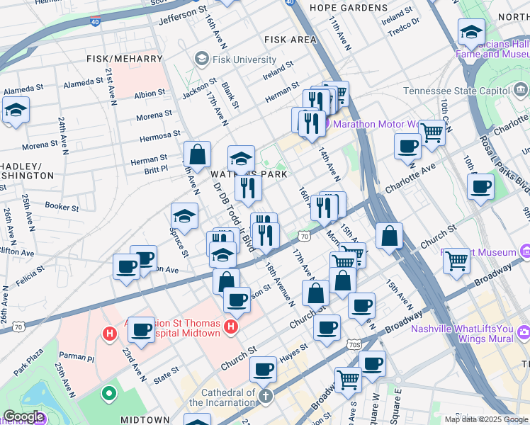map of restaurants, bars, coffee shops, grocery stores, and more near 1676 Pearl Street in Nashville