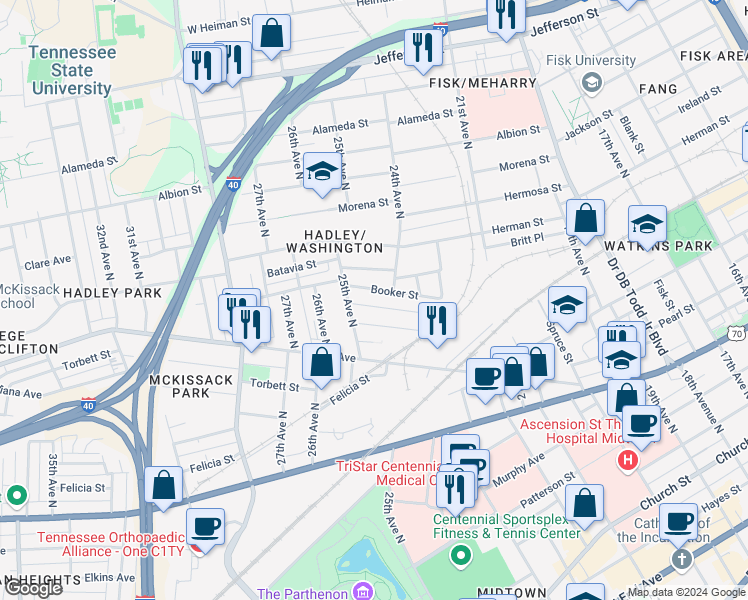 map of restaurants, bars, coffee shops, grocery stores, and more near 2407 Booker Street in Nashville