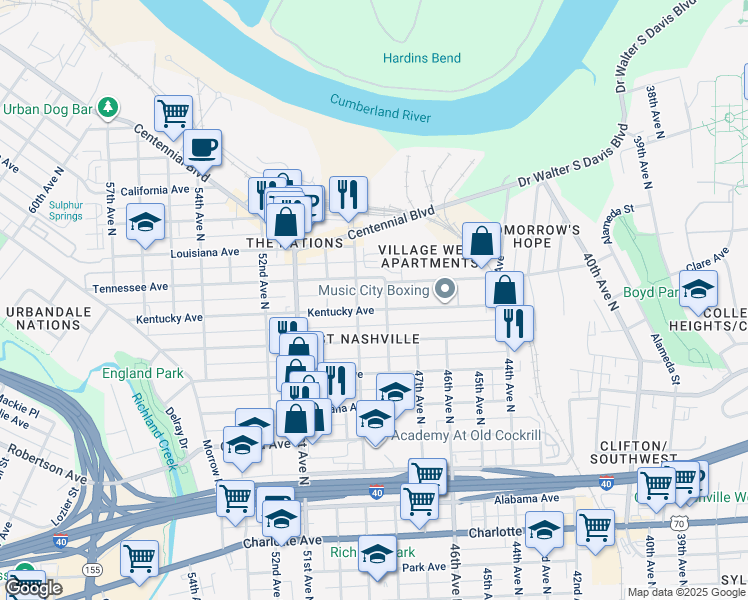 map of restaurants, bars, coffee shops, grocery stores, and more near 4802 Kentucky Avenue in Nashville